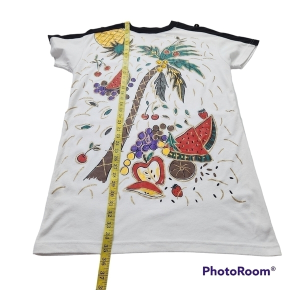 Vintage 80s Adolfo Sport Casual VacationDress Shoulder Pads Fruit Palm Trees - Picture 3 of 10